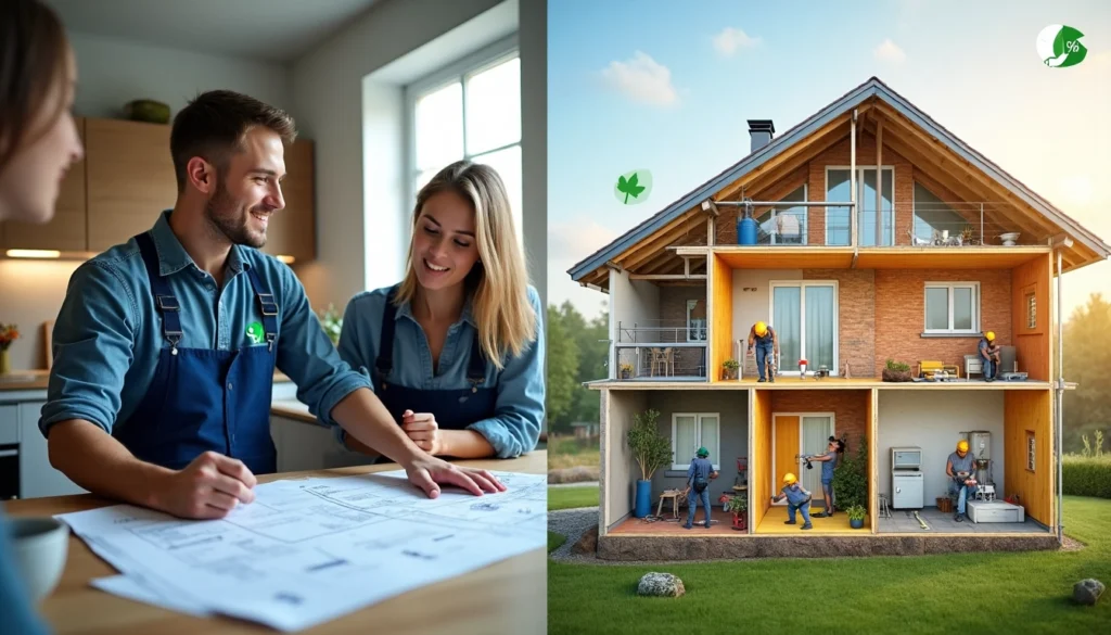 illustration montrant des travaux dans une maison et un artisan parlant avec une femme