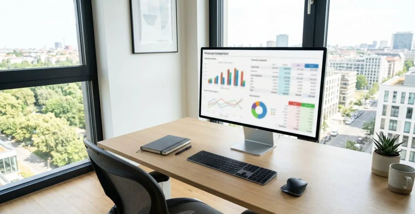 Bureau moderne avec écran d'ordinateur affichant un tableau de bord comparatif financier avec graphiques et colonnes floutés