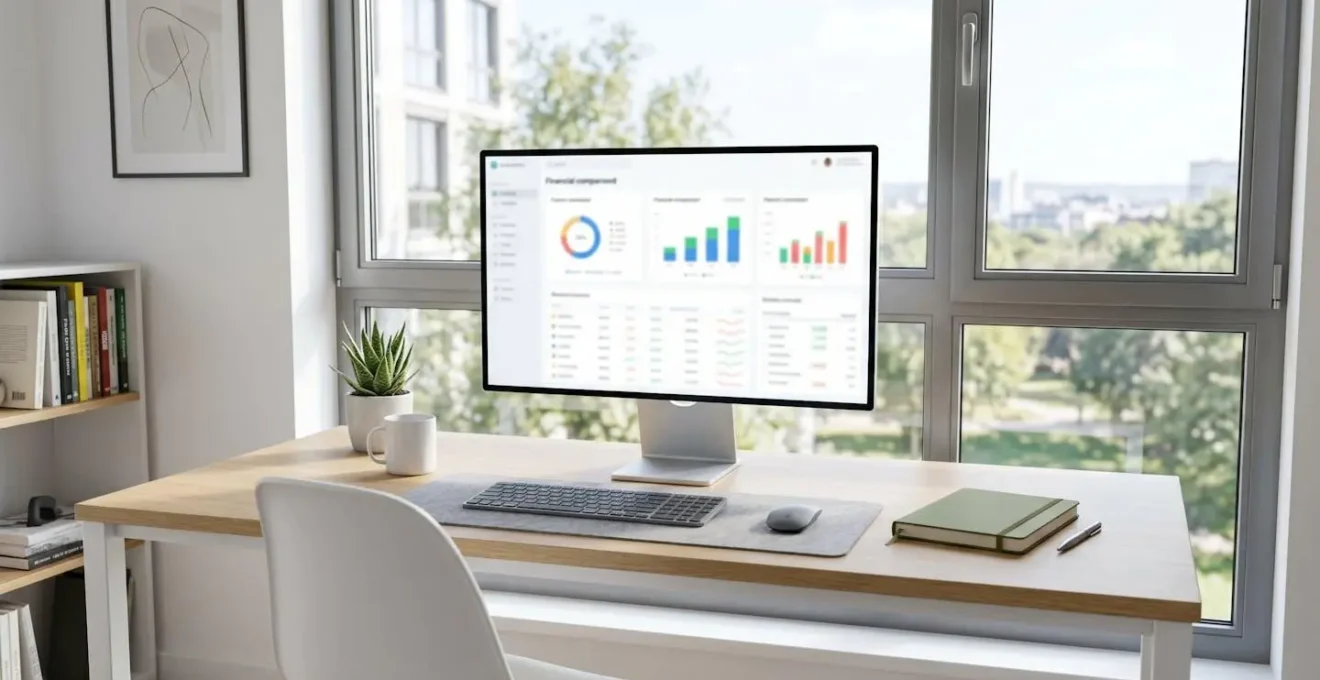 Bureau moderne avec écran d'ordinateur affichant un tableau de bord comparatif financier avec graphiques et colonnes floutés