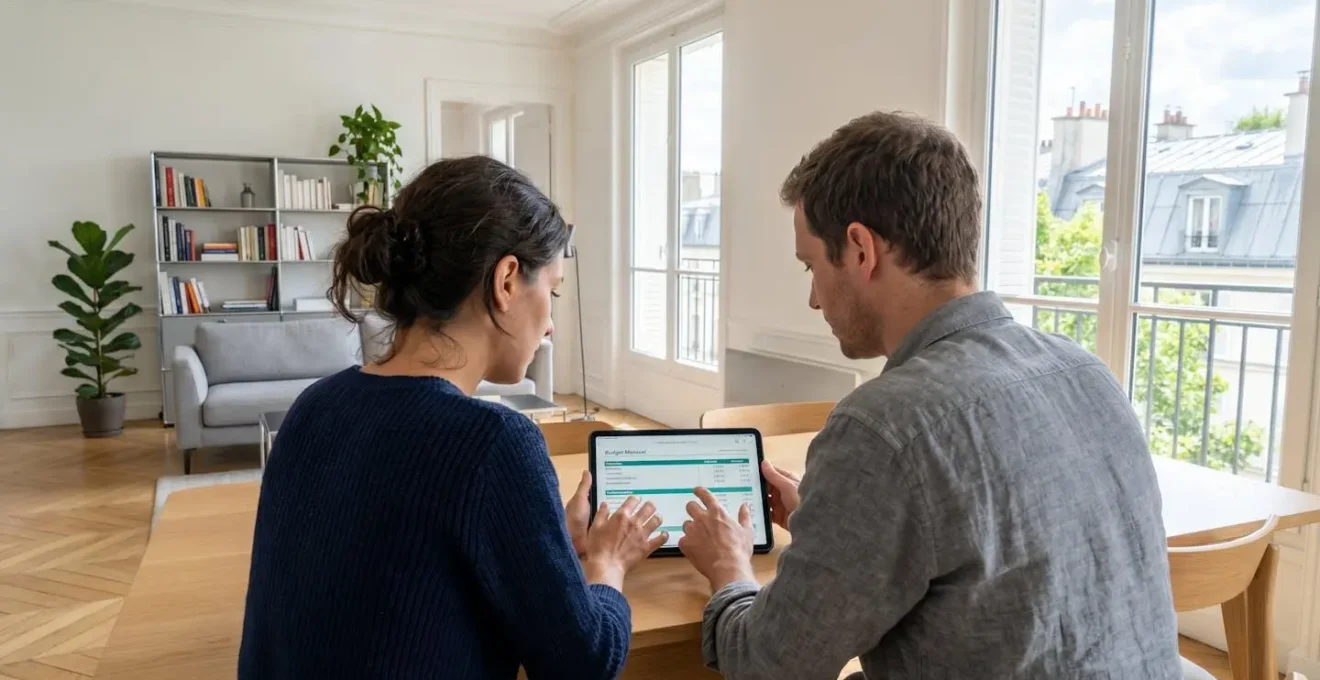 Un jeune couple trentenaire consulte des documents financiers sur une tablette dans un salon contemporain lumineux