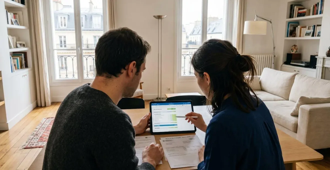 Un jeune couple trentenaire consulte des documents financiers sur une tablette dans un salon contemporain lumineux