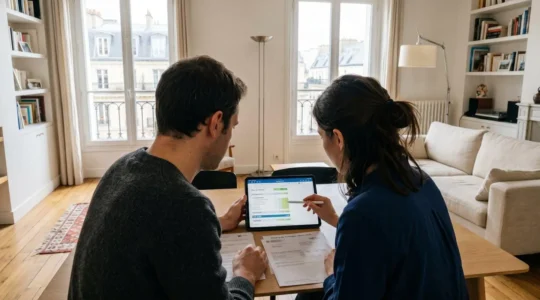 Un jeune couple trentenaire consulte des documents financiers sur une tablette dans un salon contemporain lumineux
