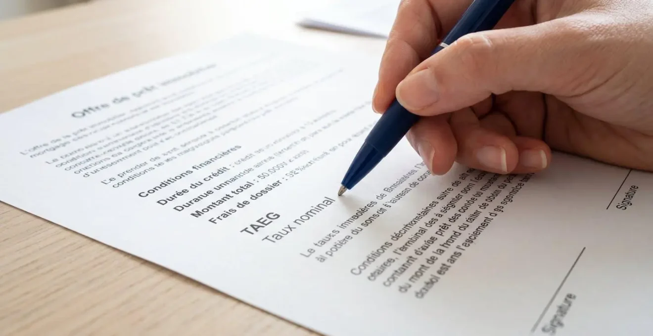 Main tenant un stylo au-dessus de documents bancaires avec mentions TAEG et taux nominal partiellement visibles