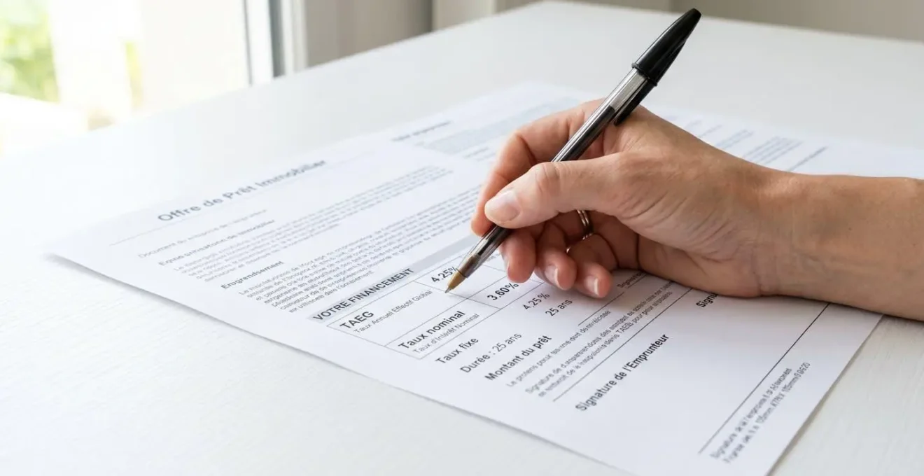 Main tenant un stylo au-dessus de documents bancaires avec mentions TAEG et taux nominal partiellement visibles
