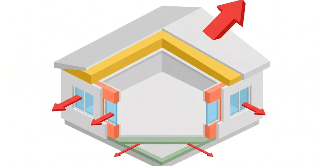 Illustration isométrique d'une maison en coupe montrant les différentes zones d'isolation thermique (toiture, murs, fenêtres, plancher) et les flèches de déperditions énergétiques