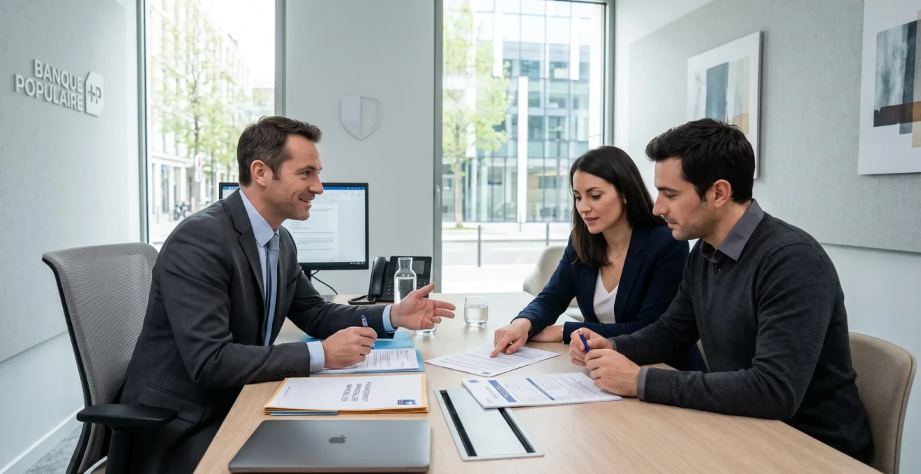 Couple assis face à un conseiller bancaire dans un bureau contemporain minimaliste, consultant ensemble des documents de crédit relais étalés sur la table, lumière naturelle douce, ambiance professionnelle sérieuse