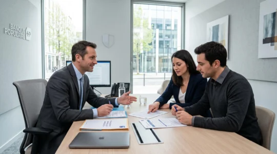 Couple assis face à un conseiller bancaire dans un bureau contemporain minimaliste, consultant ensemble des documents de crédit relais étalés sur la table, lumière naturelle douce, ambiance professionnelle sérieuse