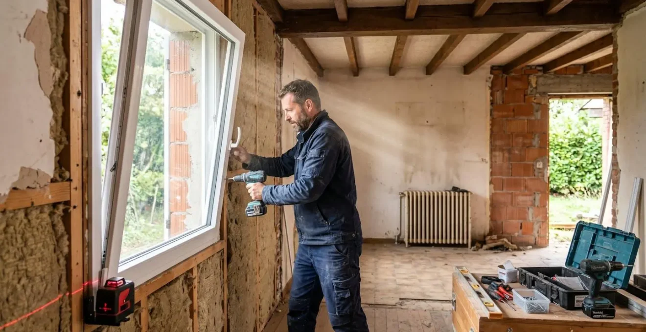 Artisan en vêtements de travail installant fenêtre double vitrage ou isolation thermique dans maison individuelle française années 1980 en rénovation énergétique, outils professionnels et matériaux visibles