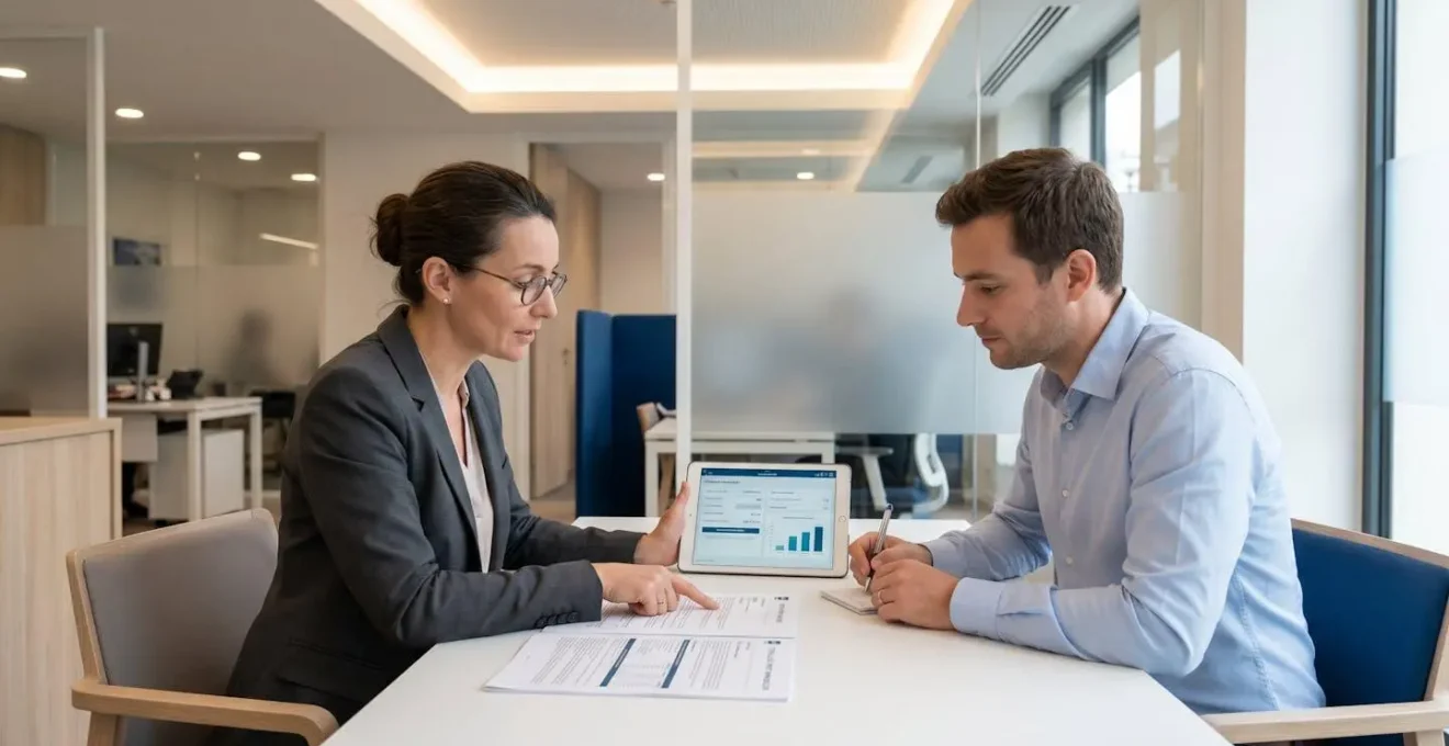 Conseillère bancaire française expliquant options de prêt travaux à client trentenaire dans agence contemporaine, documents et tablette numérique sur bureau épuré