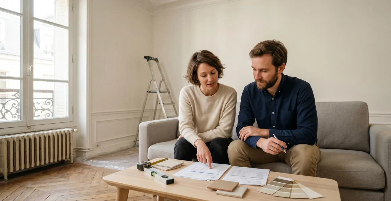 Couple trentenaire consultant documents bancaires et devis travaux dans séjour en rénovation, avec murs fraîchement peints, bâches au sol et échantillons matériaux sur table basse