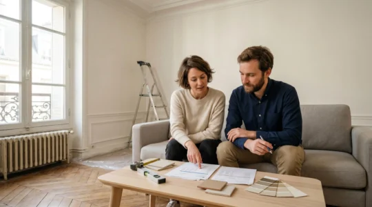 Couple trentenaire consultant documents bancaires et devis travaux dans séjour en rénovation, avec murs fraîchement peints, bâches au sol et échantillons matériaux sur table basse