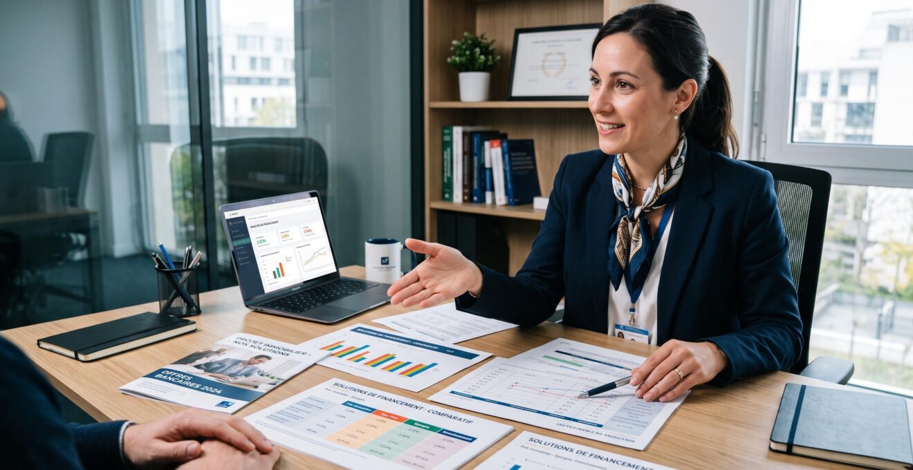 Conseillère financière présentant documents comparatifs de solutions de financement sur bureau moderne, brochures et tableaux étalés, geste professionnel d'explication, bureau sobre