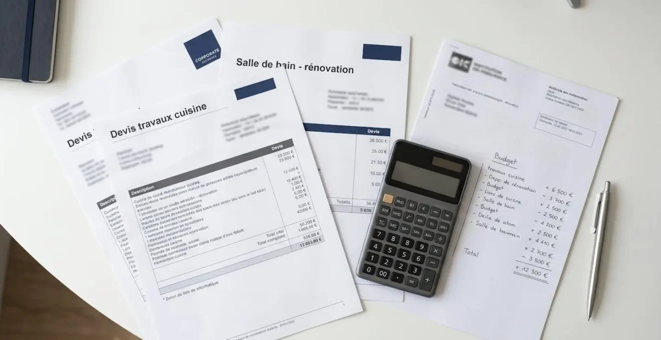 Vue aérienne de devis travaux français multiples, calculatrice, feuille de calcul manuscrite et documents bancaires disposés sur bureau blanc, montants en euros visibles